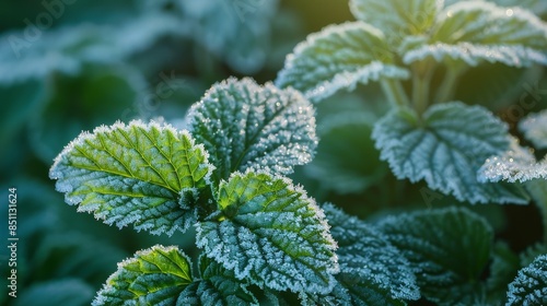 View from above, green nettles with a layer of frost, close-up of ice crystals on leaves, gentle morning light enhancing textures photo