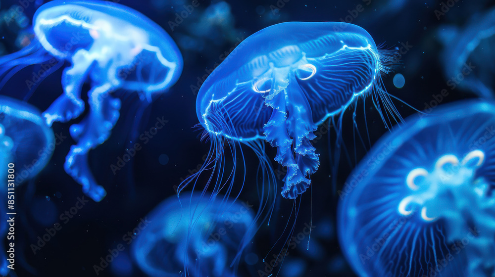 A photo of jellyfish cluster, bathed in vibrant blue light, showing translucent bodies and intricate patterns, gracefully swimming A photo of jellyfish cluster, bathed in vibrant blue light, showing translucent bodies and intricate patterns, gracefully swimming
