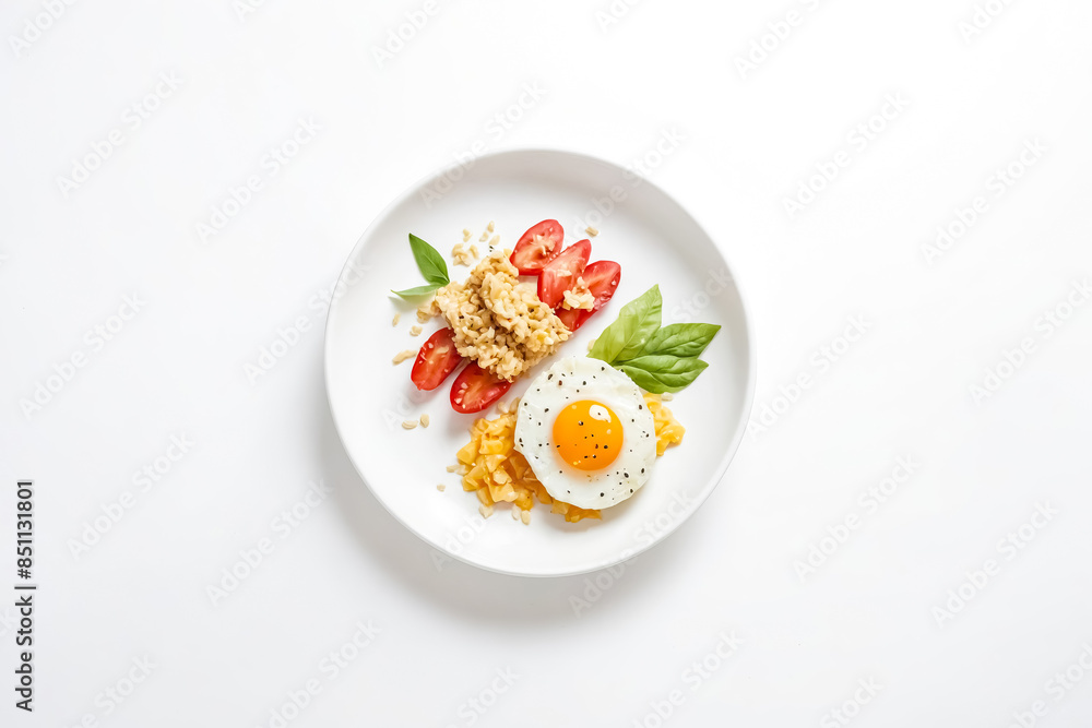 Fried Egg with Rice and Tomato on White Plate Fried Egg with Rice and Tomato on White Plate
