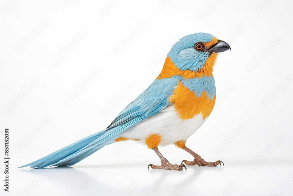 Fototapeta premium Colorful Bird with Blue and Orange Feathers Standing on a White Background
