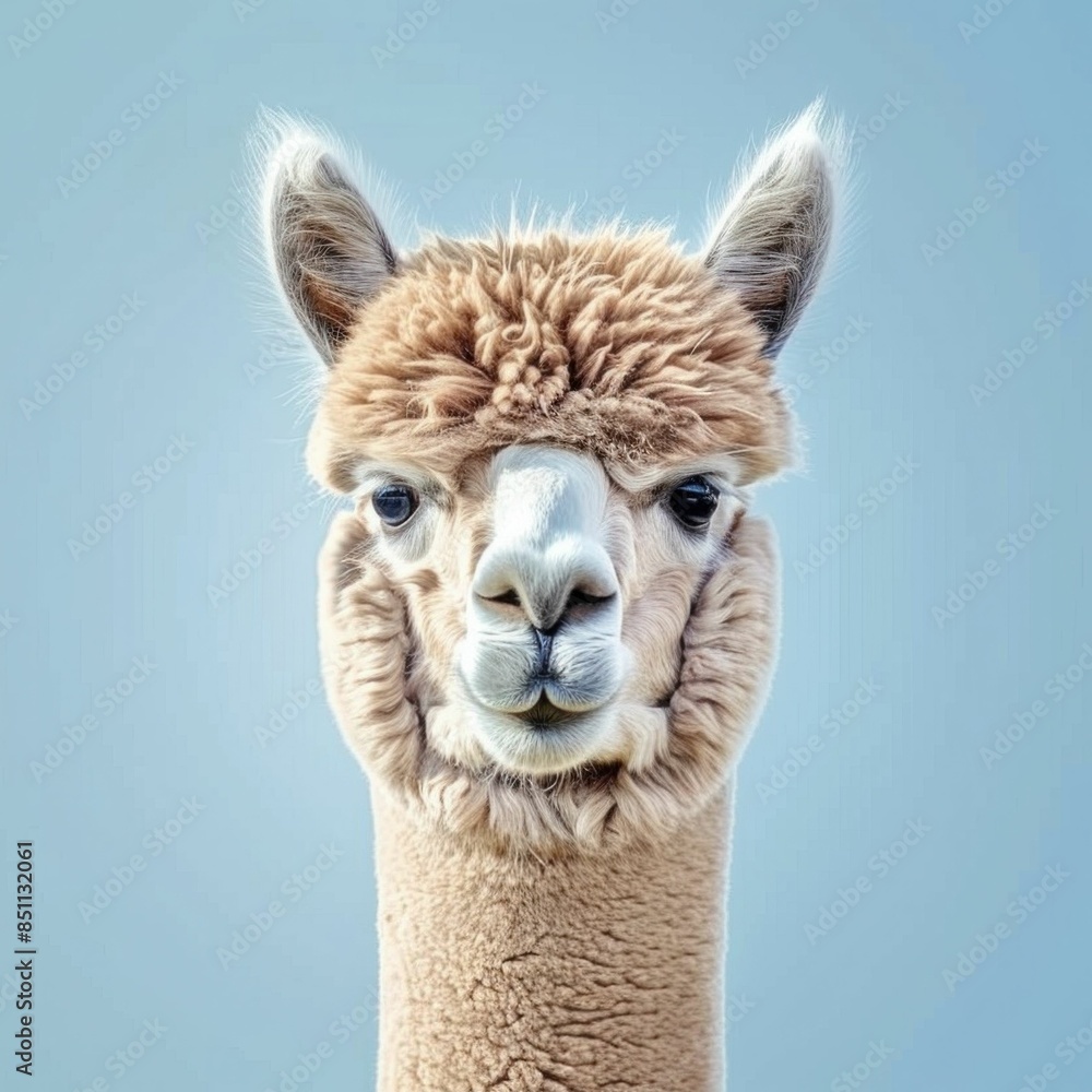 Obraz premium Alpaca gazing at camera against blue sky background, nature and travel concept