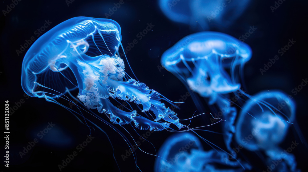 A photo of jellyfish cluster, bathed in vibrant blue light, showing translucent bodies and intricate patterns, gracefully swimming A photo of jellyfish cluster, bathed in vibrant blue light, showing translucent bodies and intricate patterns, gracefully swimming