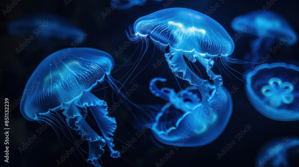several jellyfish, illuminated by blue light, with translucent bodies and detailed patterns, floating elegantly several jellyfish, illuminated by blue light, with translucent bodies and detailed patterns, floating elegantly