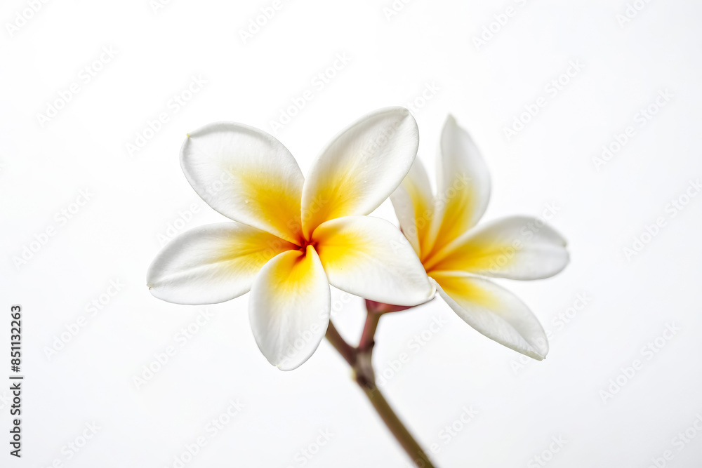 White Plumeria Flower with Yellow Center on White Background White Plumeria Flower with Yellow Center on White Background