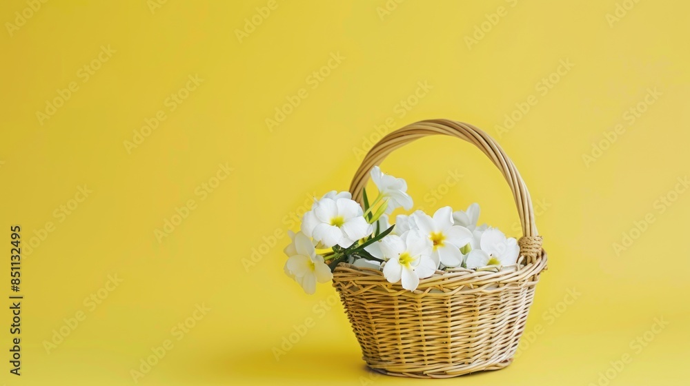 White flowers in basket yellow background