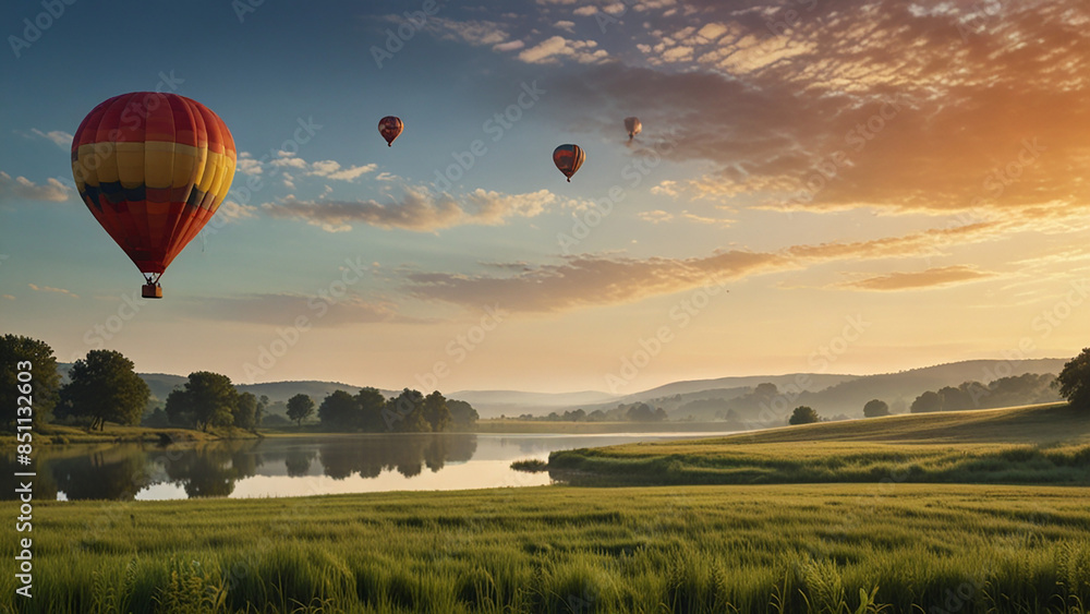 Naklejka premium beautiful wallpaper background landscape view with trees green field with lakes and hot air balloon floating in a distance summer morning scene rolling hills