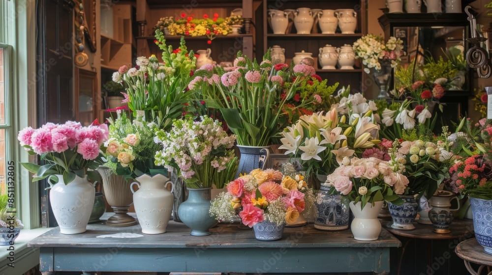 A display of assorted flowers in vases on a table inside a flower shop. A display of assorted flowers in vases on a table inside a flower shop.