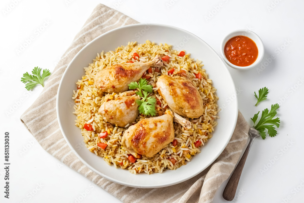 Delicious Chicken and Rice Dish with a Side of Sauce Delicious Chicken and Rice Dish with a Side of Sauce