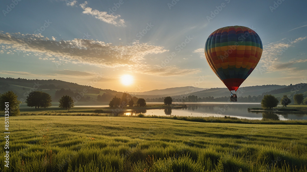 Fototapeta premium beautiful wallpaper background landscape view with trees green field with lakes and hot air balloon floating in a distance summer morning scene rolling hills