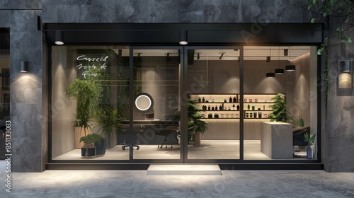 Fototapeta Naklejka Na Ścianę i Meble -  A modern salon storefront with a large glass window showcasing the interior. The shop is decorated with plants, sleek furniture, and warm lighting. The sign above the door reads Concealed Salon.