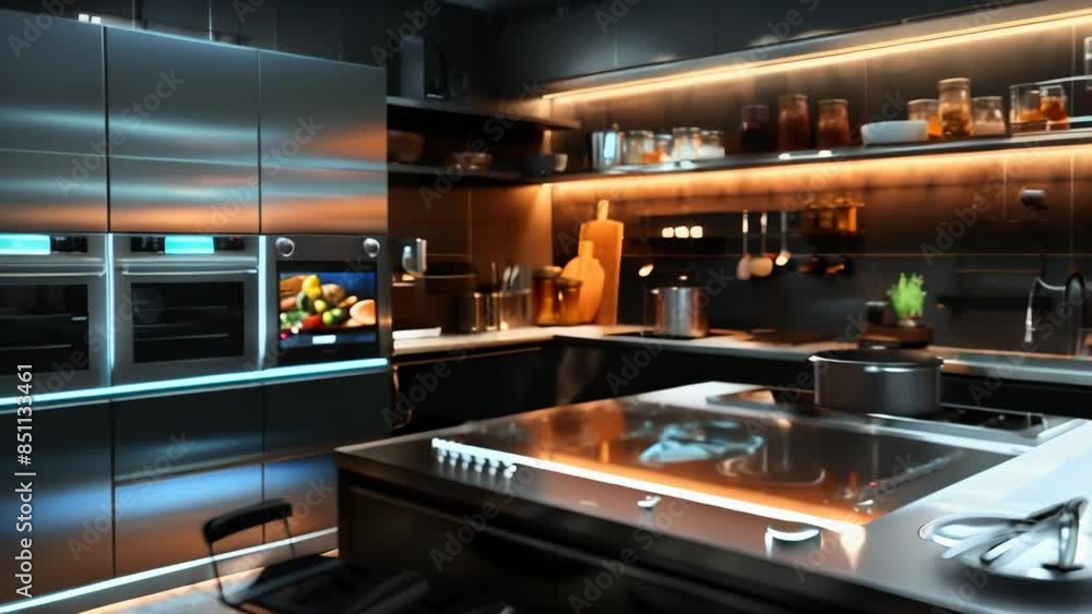 The view transitions to a chef preparing a gourmet meal on the kitchen island. Ingredients are artfully arranged on the countertop. The view transitions to a chef preparing a gourmet meal on the kitchen island. Ingredients are artfully arranged on the countertop.
