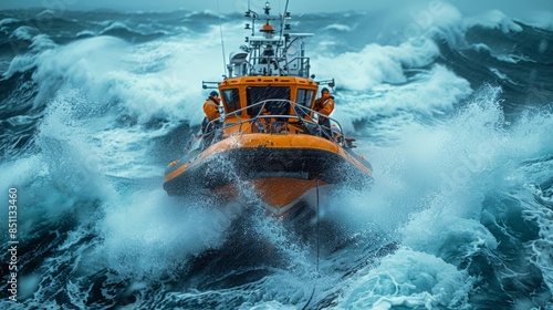 A rescue boat cuts through turbulent waves in a stormy sea, demonstrating the power and resilience of maritime rescue efforts. photo
