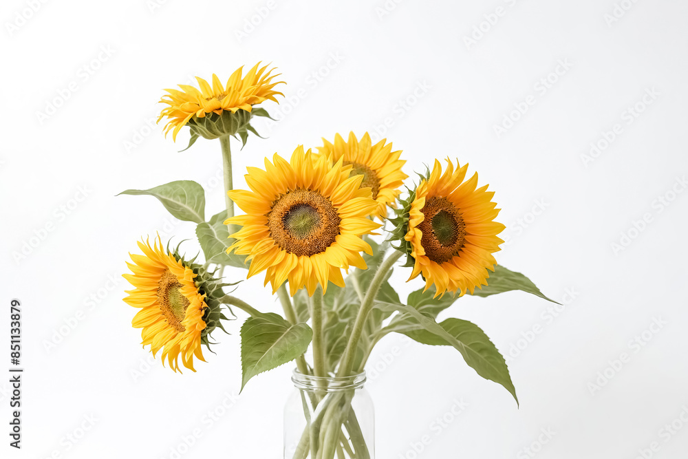 Fototapeta premium Bouquet of Sunflowers in a Glass Jar on White Background
