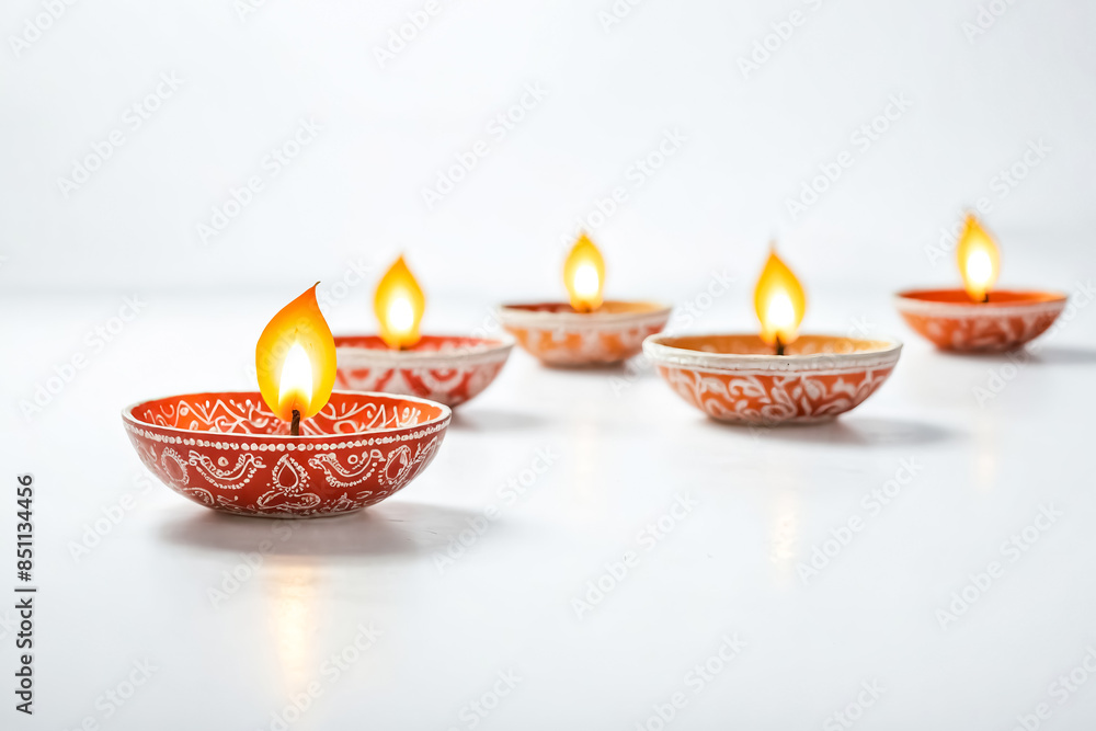 Row of lit diya lamps on a white background