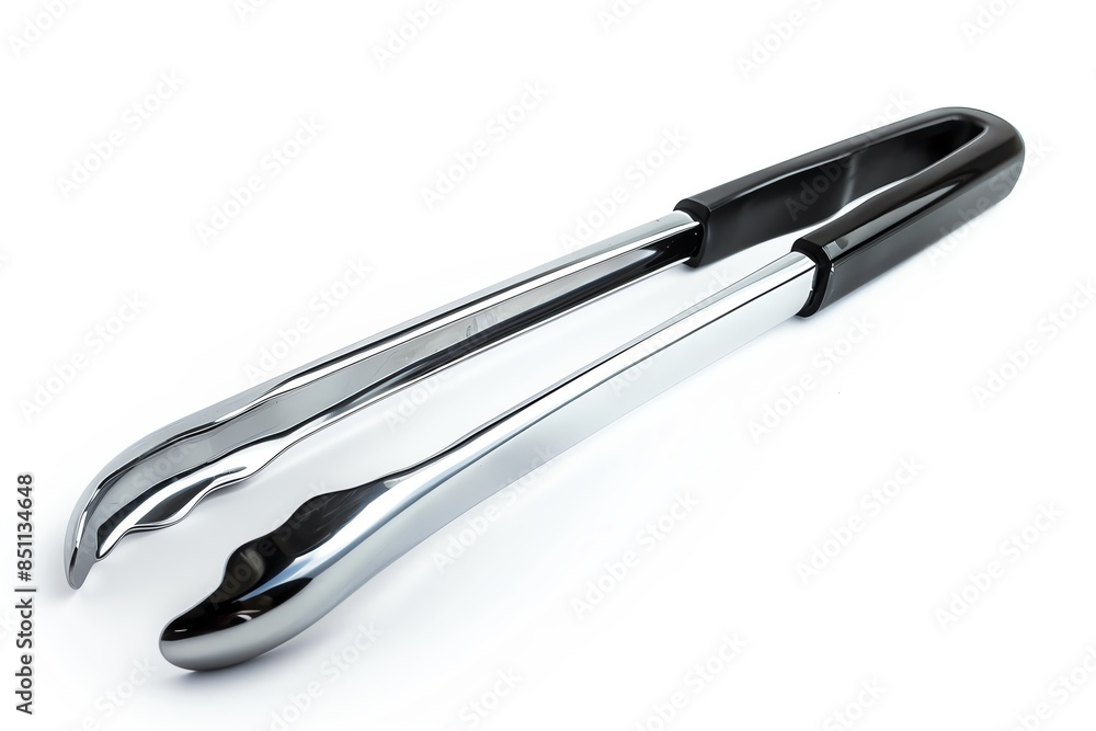 Black handled stainless steel kitchen tongs isolated on white background Black handled stainless steel kitchen tongs isolated on white background