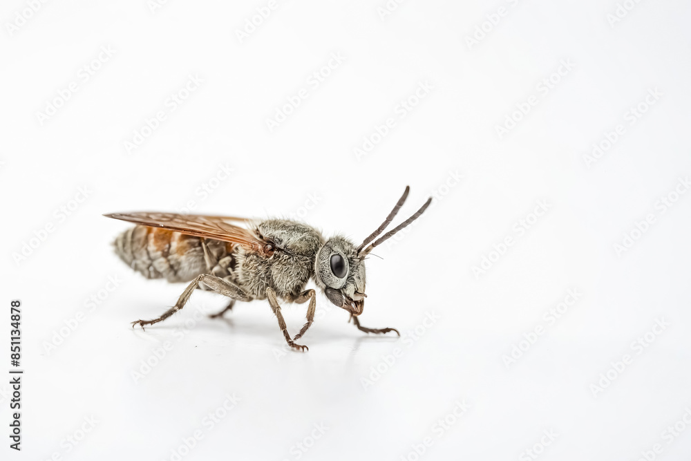 Close-up of a bee with brown wings on a white background