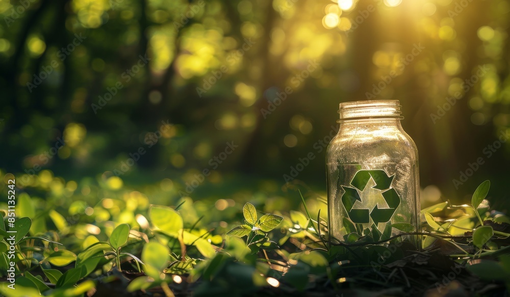 A glass jar with a recycling symbol on it, professional photography, ecofriendly, green nature A glass jar with a recycling symbol on it, professional photography, ecofriendly, green nature