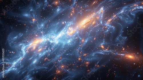 Cosmic web of galaxies connected by dark matter filaments, illustrating the cosmic structure.