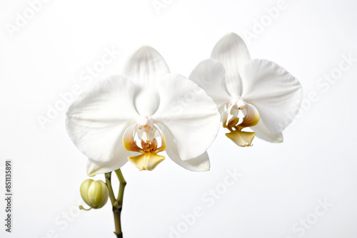 Closeup of White Orchid Flower with Yellow Center on White Background