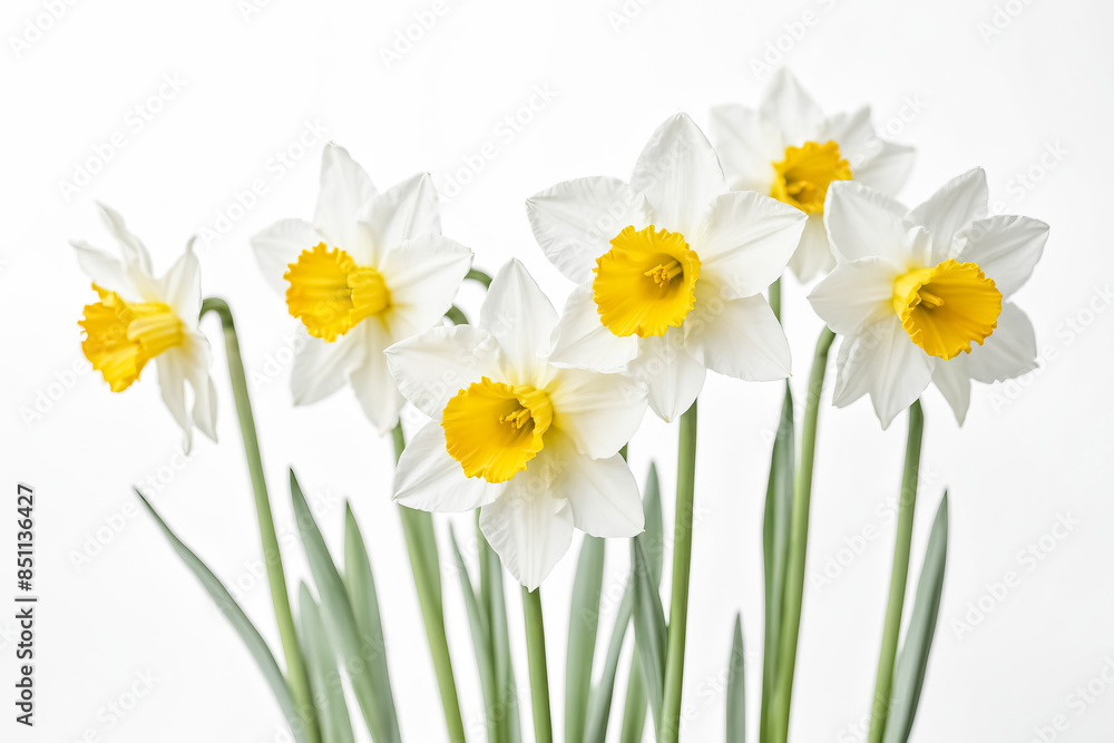 White Daffodils with Yellow Centers on a White Background White Daffodils with Yellow Centers on a White Background