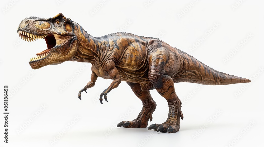 Fototapeta premium A towering TRex, prehistoric giant, 3D realistic, detailed texture, isolated on white background
