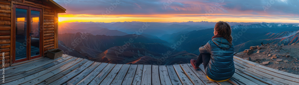 Naklejka premium Peaceful Mountain Sunrise Tranquil View of a Woman Sitting on a Wooden Deck Overlooking Majestic Mountains and a Vibrant Sunrise, Capturing the Beauty of Nature's Splendor and Serenity