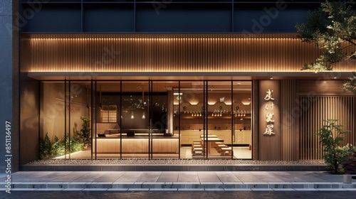 A modern Japanese restaurant with large windows and warm lighting inside. The exterior is clad in wood panels with an understated design, inviting guests. photo