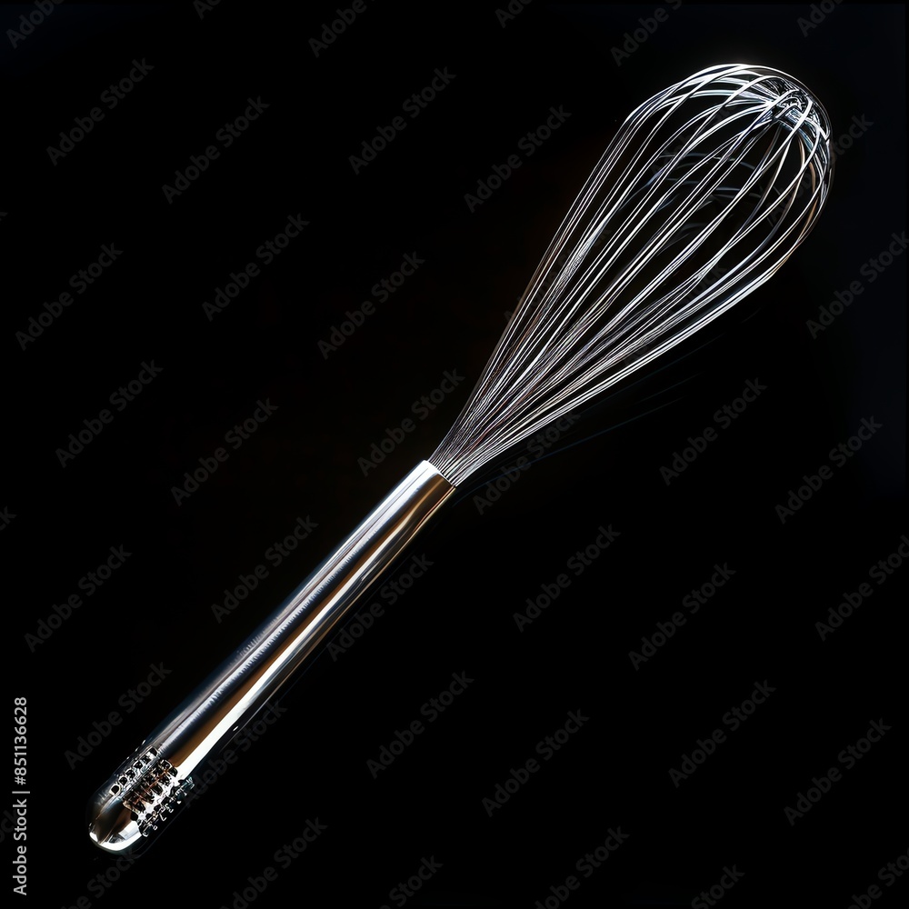 Close-up of a silver whisk isolated on a black background.