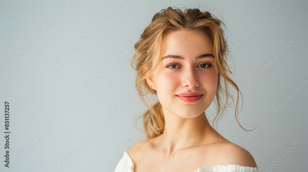 beautiful young woman with blonde hair in a white dress, isolated on a light grey background beautiful young woman with blonde hair in a white dress, isolated on a light grey background