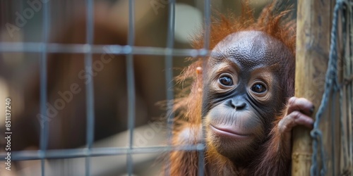 Playful Young Sumatran Orangutan Gazing Mischievously in Sanctuary: Perfect for Year of the Monkey Celebrations, Wall Art, and Holiday Decor. Captivating Autumn Sunset Scene with Expectant Eyes photo