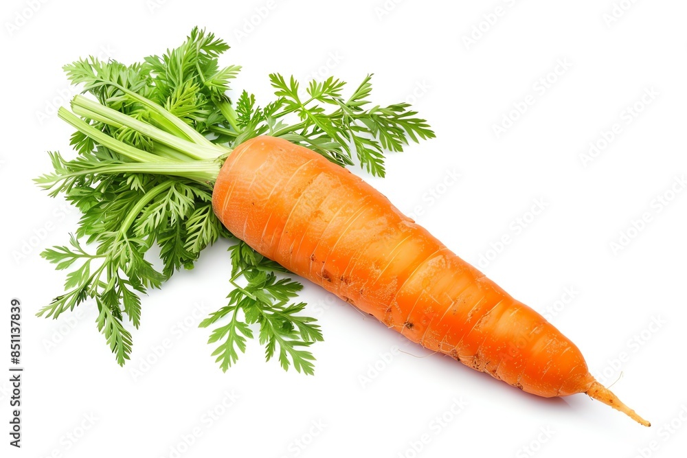 Fresh orange carrot with green leaves isolated on white background Fresh orange carrot with green leaves isolated on white background