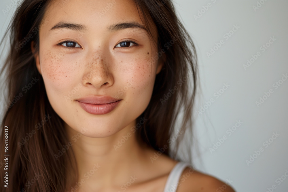 Young asian woman proudly shows off her natural beauty, with stunning freckles and flawless skin, exuding confidence and positivity with her radiant smile and fresh makeup Young asian woman proudly shows off her natural beauty, with stunning freckles and flawless skin, exuding confidence and positivity with her radiant smile and fresh makeup