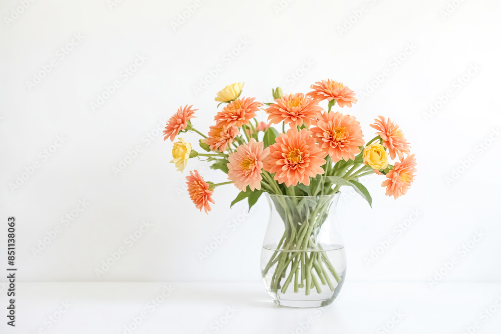 Peach-colored flowers in a glass vase on a white background Peach-colored flowers in a glass vase on a white background