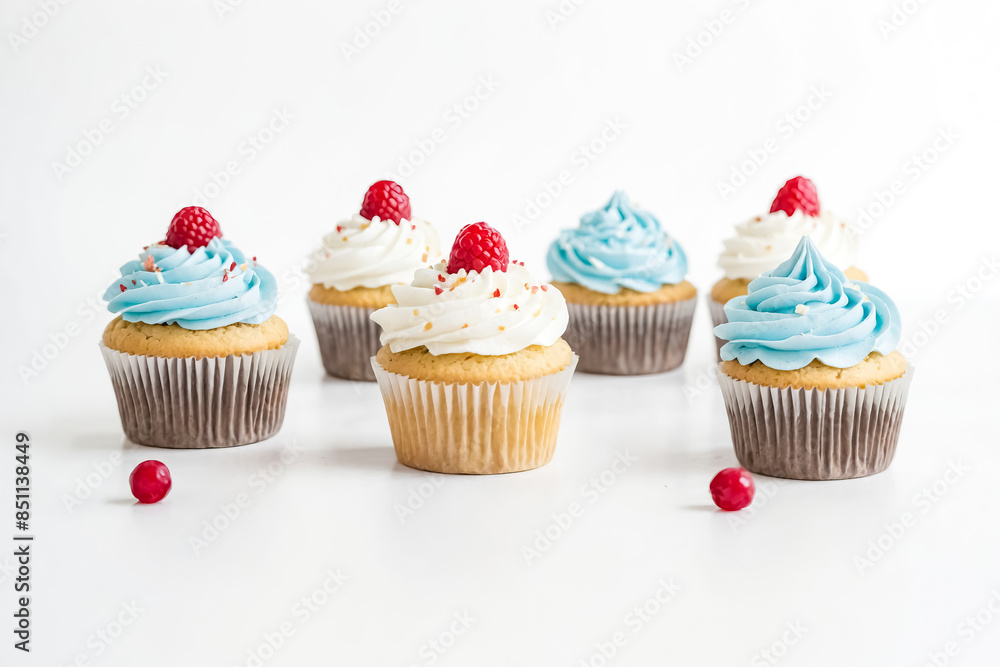Cupcakes with Blue and White Frosting and Raspberries Cupcakes with Blue and White Frosting and Raspberries