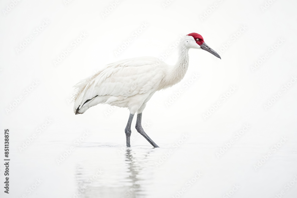 Fototapeta premium White Crane with Red Crown Standing in Water