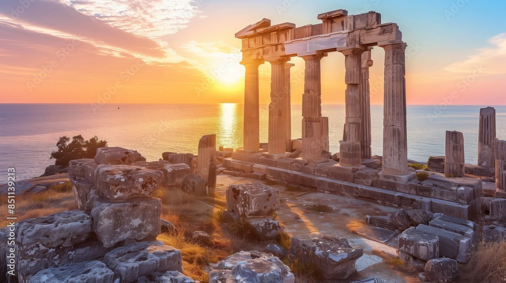 Fototapeta premium Ancient Greek ruins stand majestically against a Mediterranean sunset, showcasing their timeless elegance.