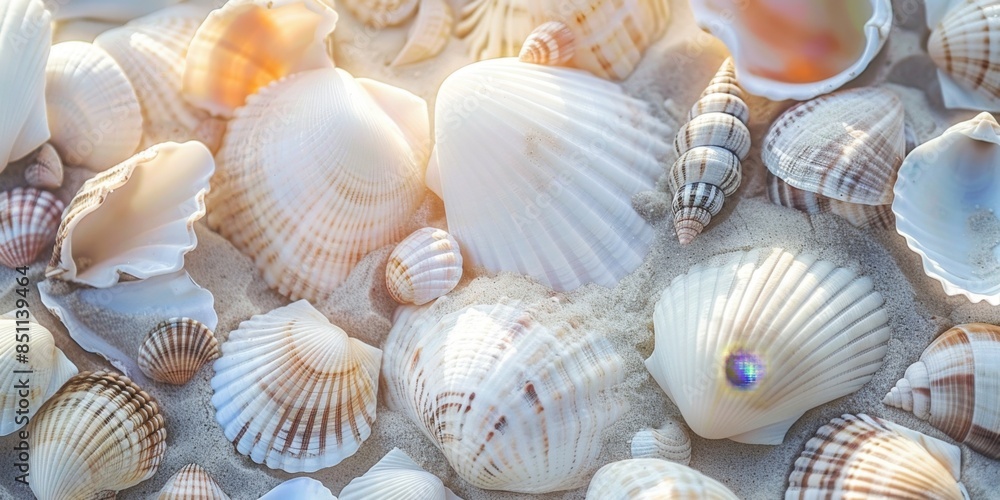 Series of Smooth White Shells Sparkling Under Summer Sunlight by the Seaside. Outdoor High-Resolution AI-Generated Wallpaper Background.