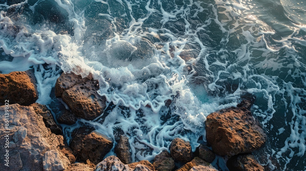 Obraz premium Beautiful Scenery of Waves Crashing on Rocky Shore