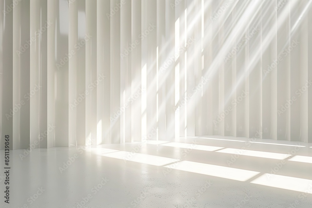 Obraz premium 3d render of white empty stage with abstract background with vertical light rays Free Space for text --ar 3:2 Job ID: d707eb1b-6043-48a2-86da-bed6609f5070