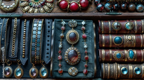 Antique Jewelry with Modern Accessories: Illustrate a backdrop featuring antique jewelry alongside modern fashion accessories, showcasing the evolution of style and craftsmanship. photo