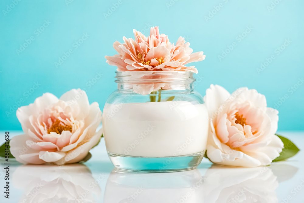 Cream Jar and Roses on Turquoise Background Cream Jar and Roses on Turquoise Background