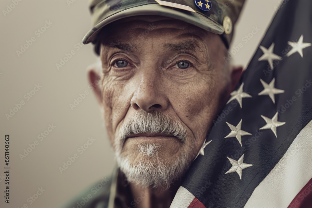 Proud senior veteran holds an american flag. Embodying patriotism and honoring service. Reflect on courage. Strength. And gratitude for veterans on memorial day. Veterans day. And independence day Proud senior veteran holds an american flag. Embodying patriotism and honoring service. Reflect on courage. Strength. And gratitude for veterans on memorial day. Veterans day. And independence day