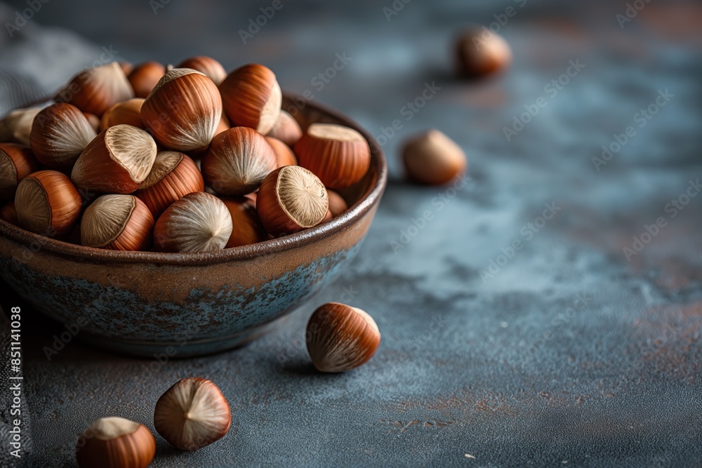 Hazelnuts in a clay bowl on a rustic background. Hazelnuts in a clay bowl on a rustic background.