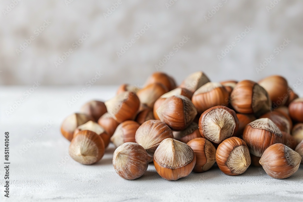 Hazelnuts on a light background. Close-up, selective focus.