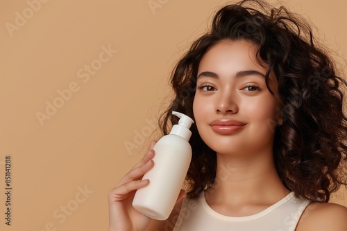 Beautiful young woman holding bottle of lotion isolated on beige