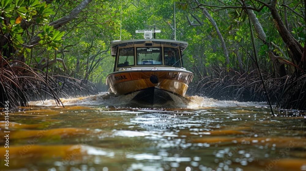 A boat moves through a mangrove forest with the afternoon sun filtering through the dense canopy. A boat moves through a mangrove forest with the afternoon sun filtering through the dense canopy.