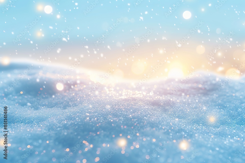 A soft, dreamy background of white snow with bokeh lights in the distance. The sky is light blue and the scene exudes warmth from the golden glow A soft, dreamy background of white snow with bokeh lights in the distance. The sky is light blue and the scene exudes warmth from the golden glow