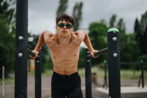 Athletic young man doing calisthenics on parallel bars in an outdoor park setting, demonstrating strength and fitness.