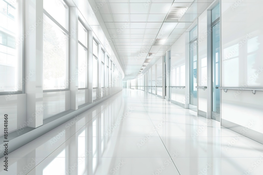 A white blurred background of an empty hospital corridor with glass walls and light from the windows. A white blurred background of an empty hospital corridor with glass walls and light from the windows.