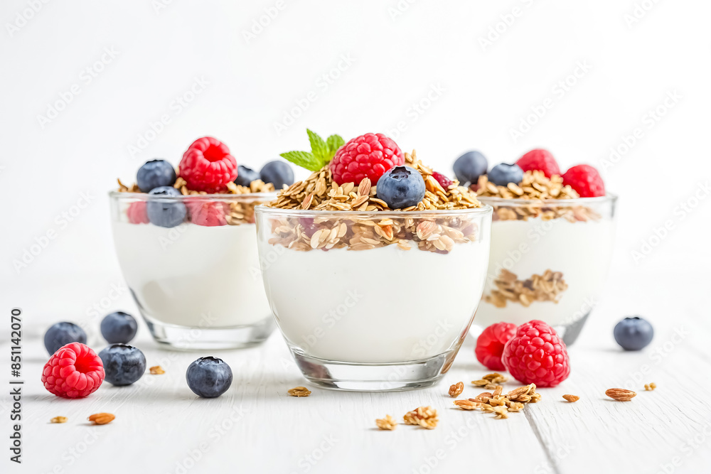 Close Up of Yogurt Parfait with Granola, Raspberries and Blueberries Close Up of Yogurt Parfait with Granola, Raspberries and Blueberries
